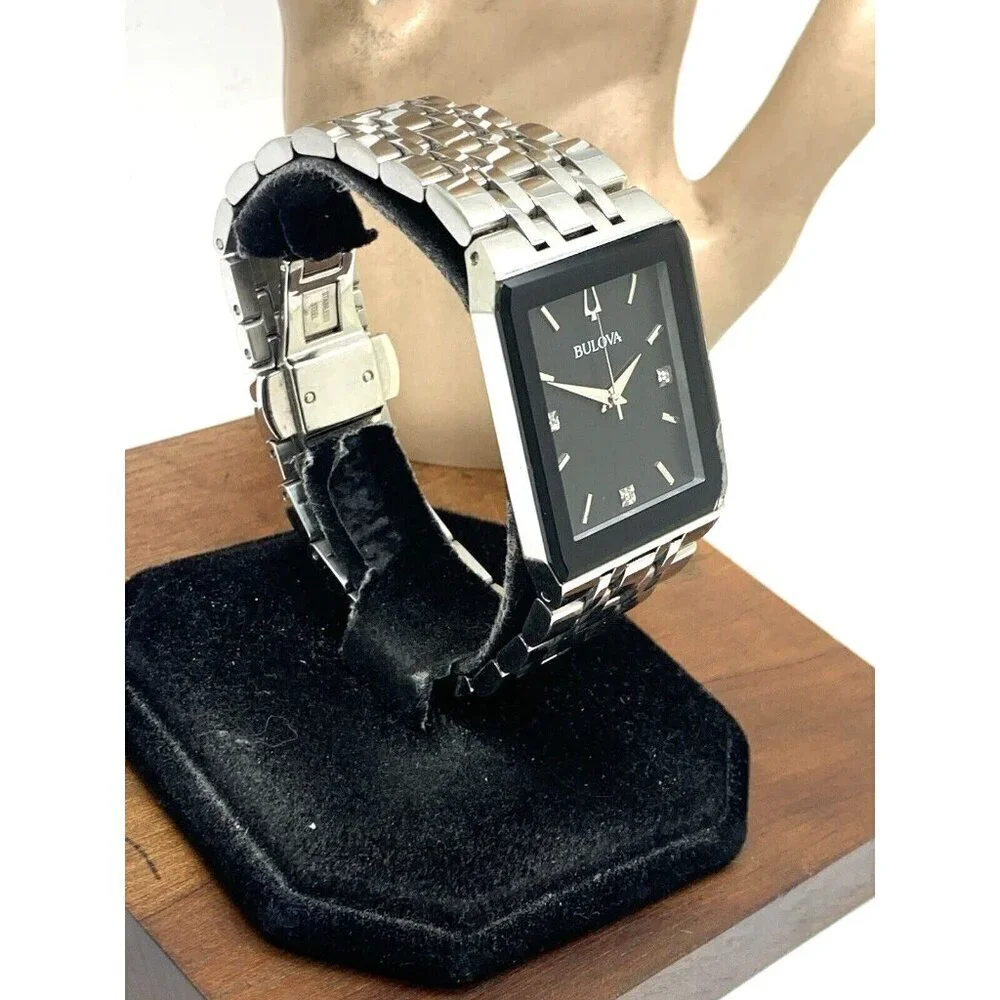 Bulova Men's Watch 96D145 Diamond Black Dial Silver Stainless Steel Quartz CHIP